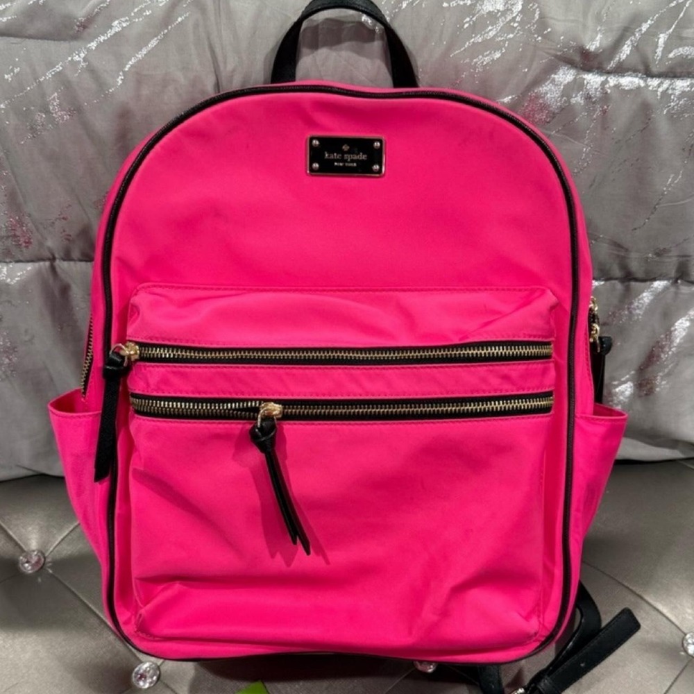Kate Spade Chelsea Neon Pink Nylon Backpack Black Trim Gold Hardware